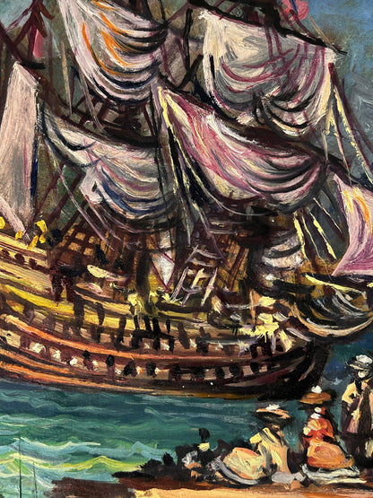 Oil painting of grand sailing ship by Alexander Arkadievich Litvinov