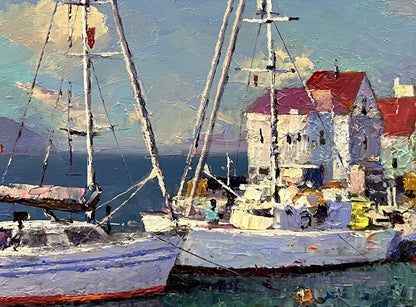 Oil painting Ships at the shore by Serhiy Rybak: harbor with masts