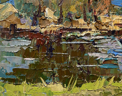 Textured impasto oil painting of boat outside city by Oksana Ivanyuk
