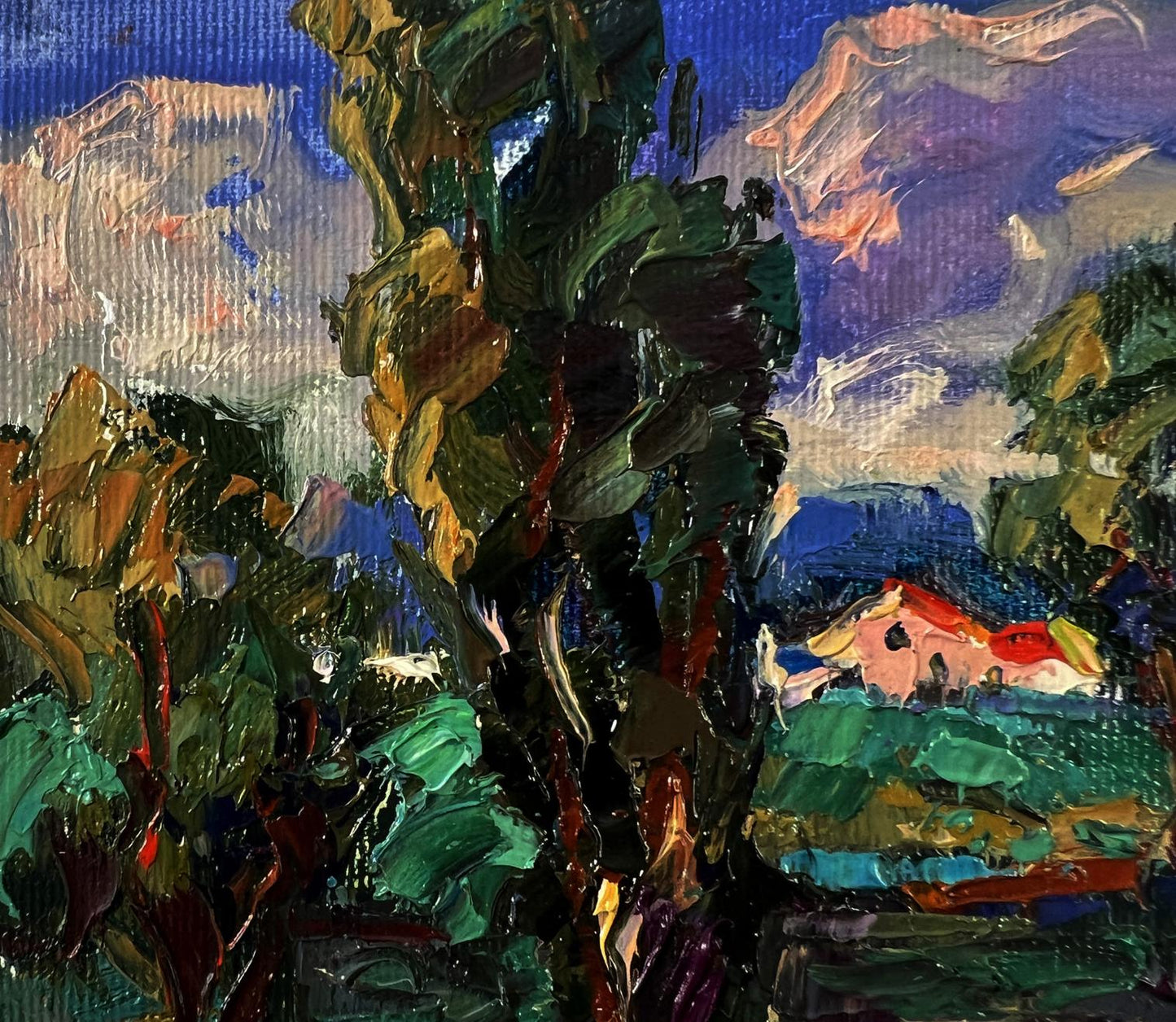 Oil painting Rain is coming to the village by Oksana Ivanyuk with green foliage
