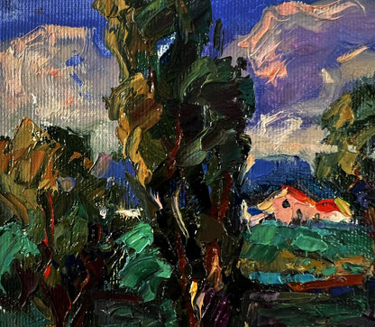 Oil painting Rain is coming to the village by Oksana Ivanyuk with green foliage