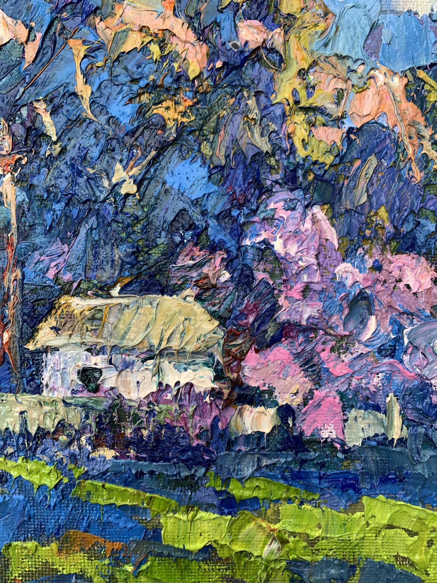 Oil painting Morning walk by Oksana Ivanyuk: rustic cottage in pink blossoms