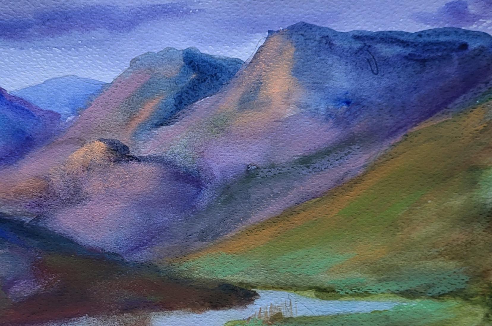 Watercolor painting of Boris Serdyuk clouds over purple green mountain ridges