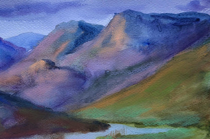 Watercolor painting of Boris Serdyuk clouds over purple green mountain ridges