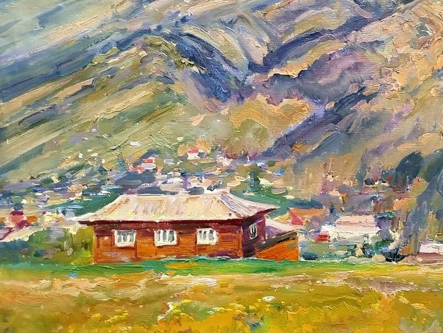 Oil painting Among the Mountains by Leonid Pavlenko rustic house in mountains