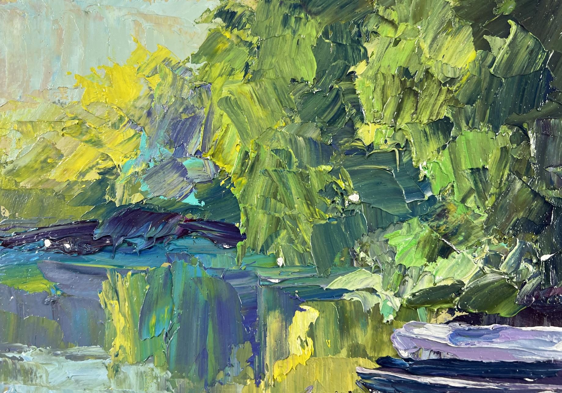 Oil painting The river and the forest by Boris Serdyuk with vibrant green foliage