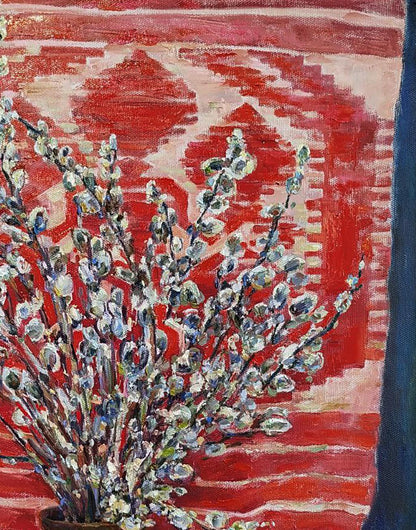 Oil painting Awakening of Spring by Leonid Pavlenko: red cream rug with silver willow catkins