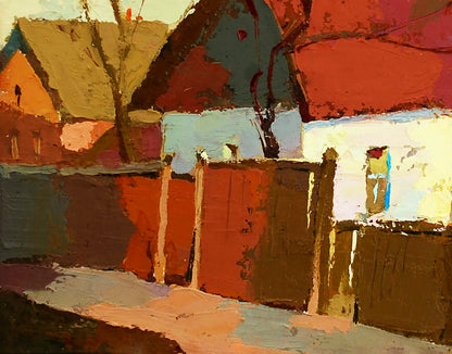 Oil painting Warm March by Egor Shvachunov: rustic village with orange rooftops