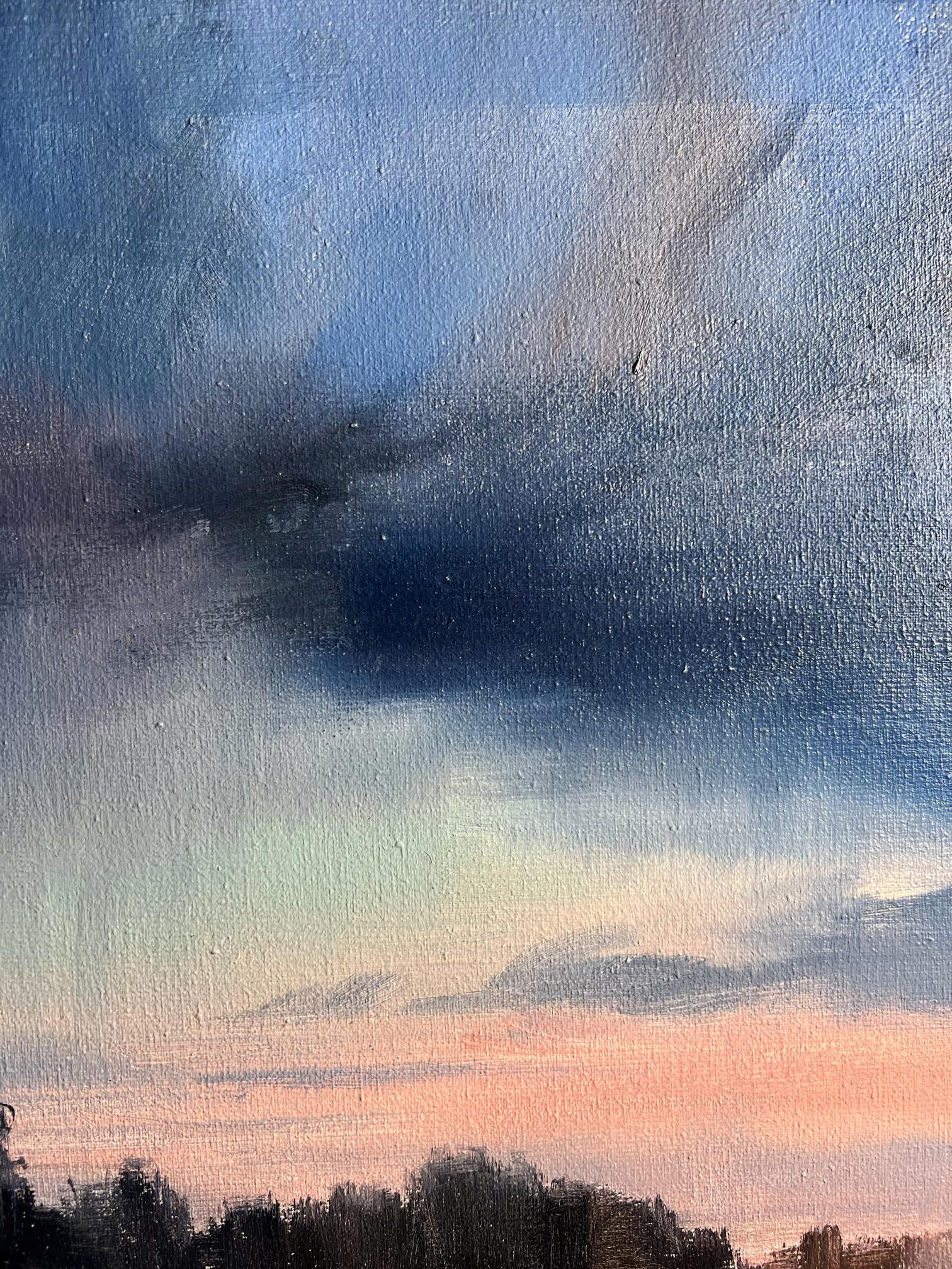 Oil painting Northern Lights over village by Tatyana Derdey