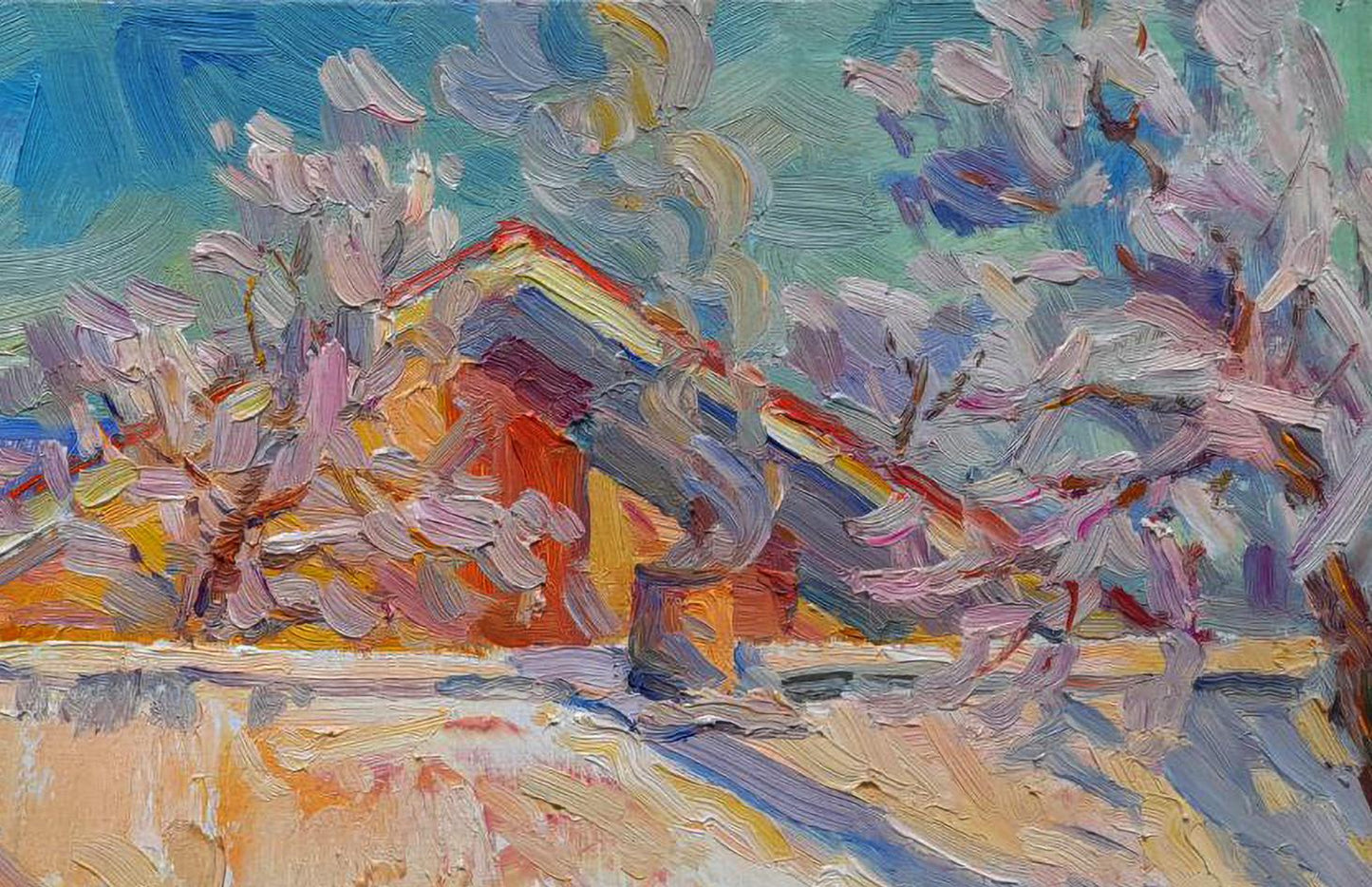 Oil painting Magic of Winter by Ivan Kovalenko, impressionist house in blossoms