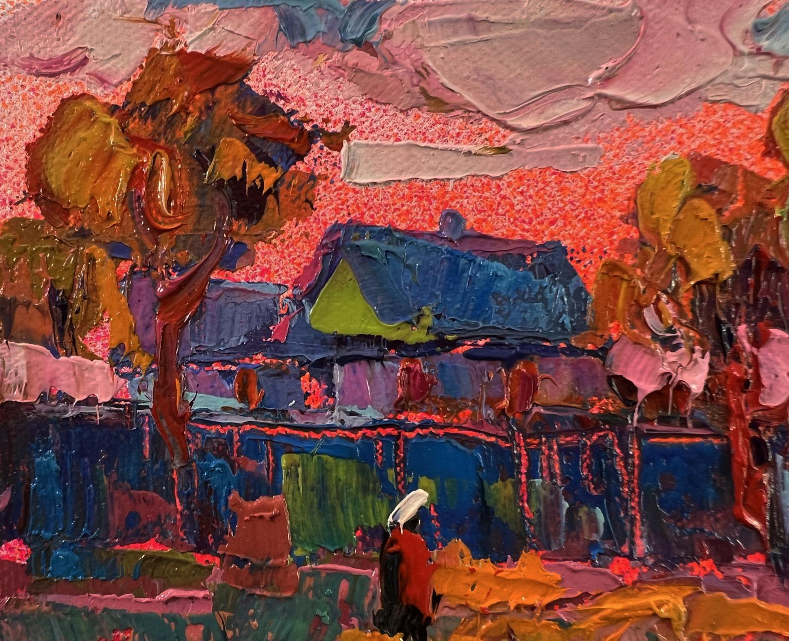 Vibrant impressionist oil painting Pink village evening by Oksana Ivanyuk
