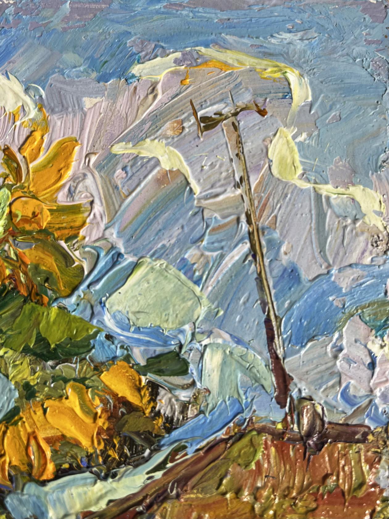 Vibrant impressionist oil painting of sunflowers near the house by Oksana Ivanyuk