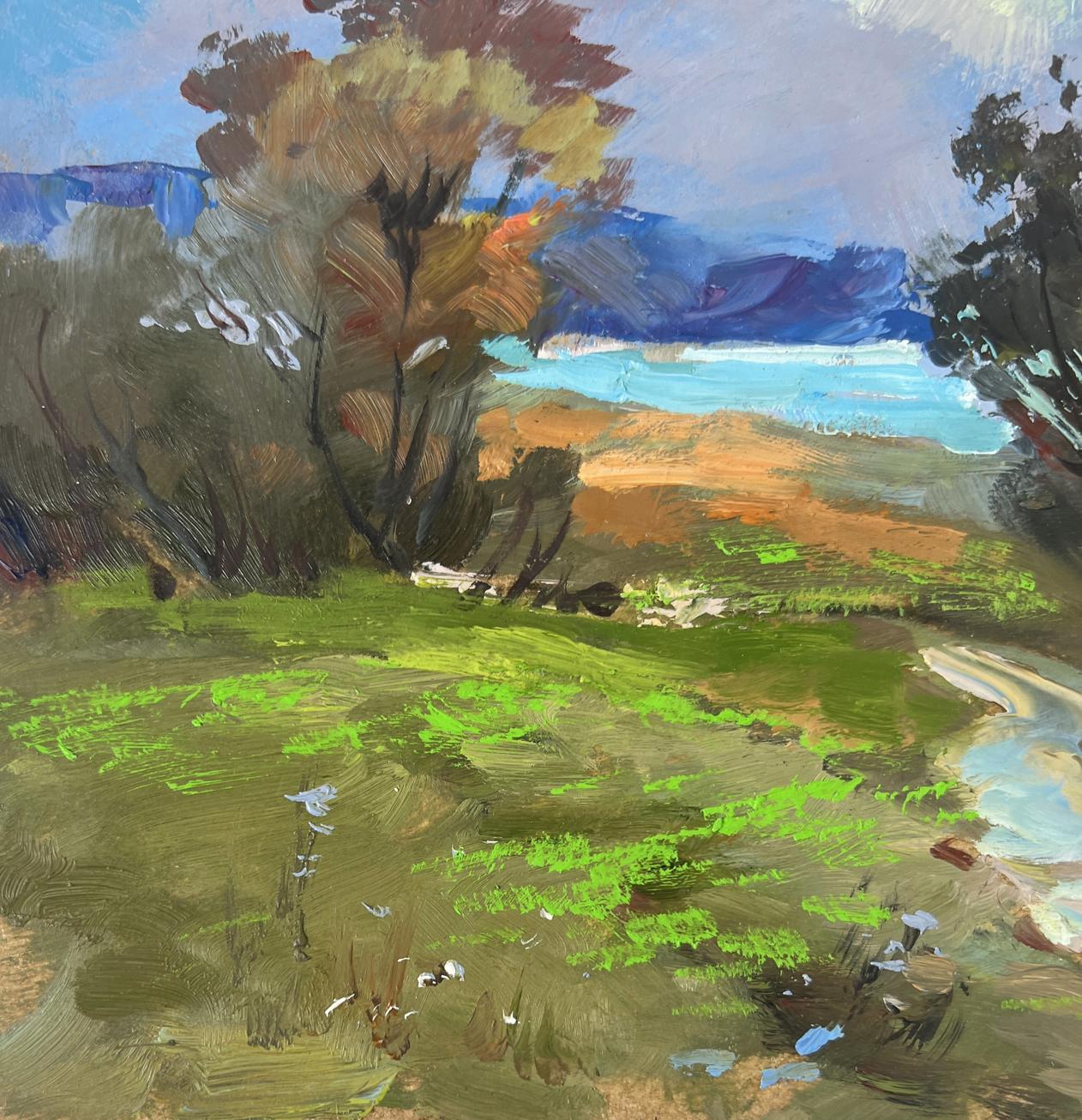 Vibrant impressionistic oil painting by Yuriy Suprunchuk: lush fields, autumn trees, serene lake