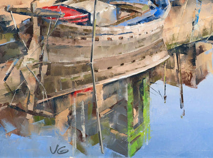 Oil painting Pier by Volodymyr Gluhomanyuk: weathered wooden boat in earthy tones
