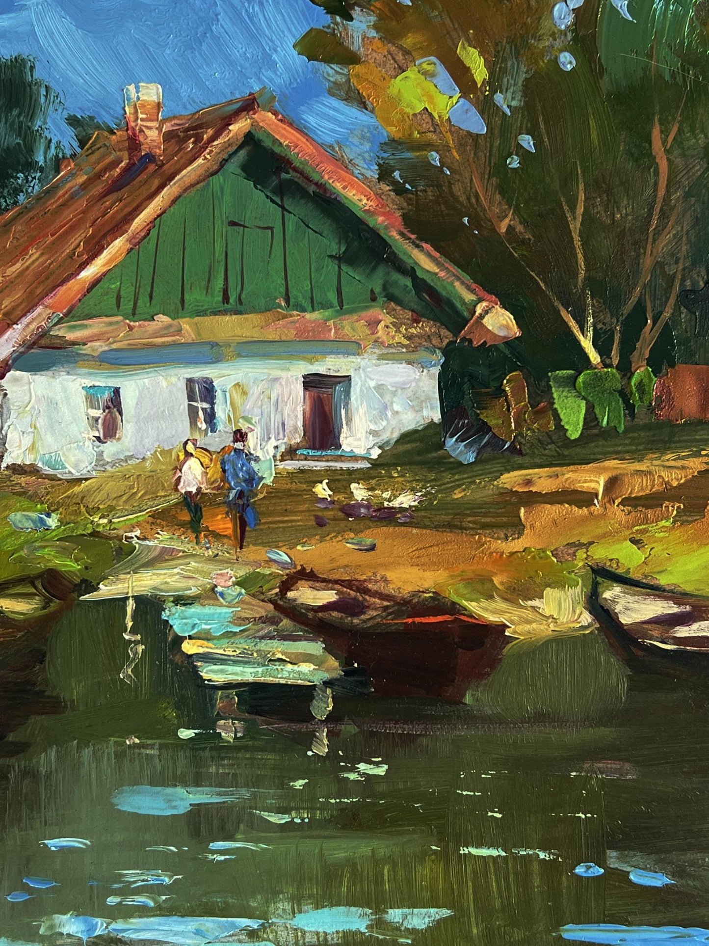 Oil painting of green white house red tiled roof boats by water by Yuriy Suprunchuk