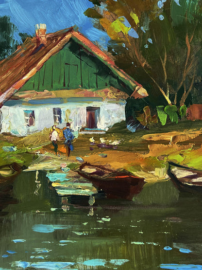 Oil painting of green white house red tiled roof boats by water by Yuriy Suprunchuk
