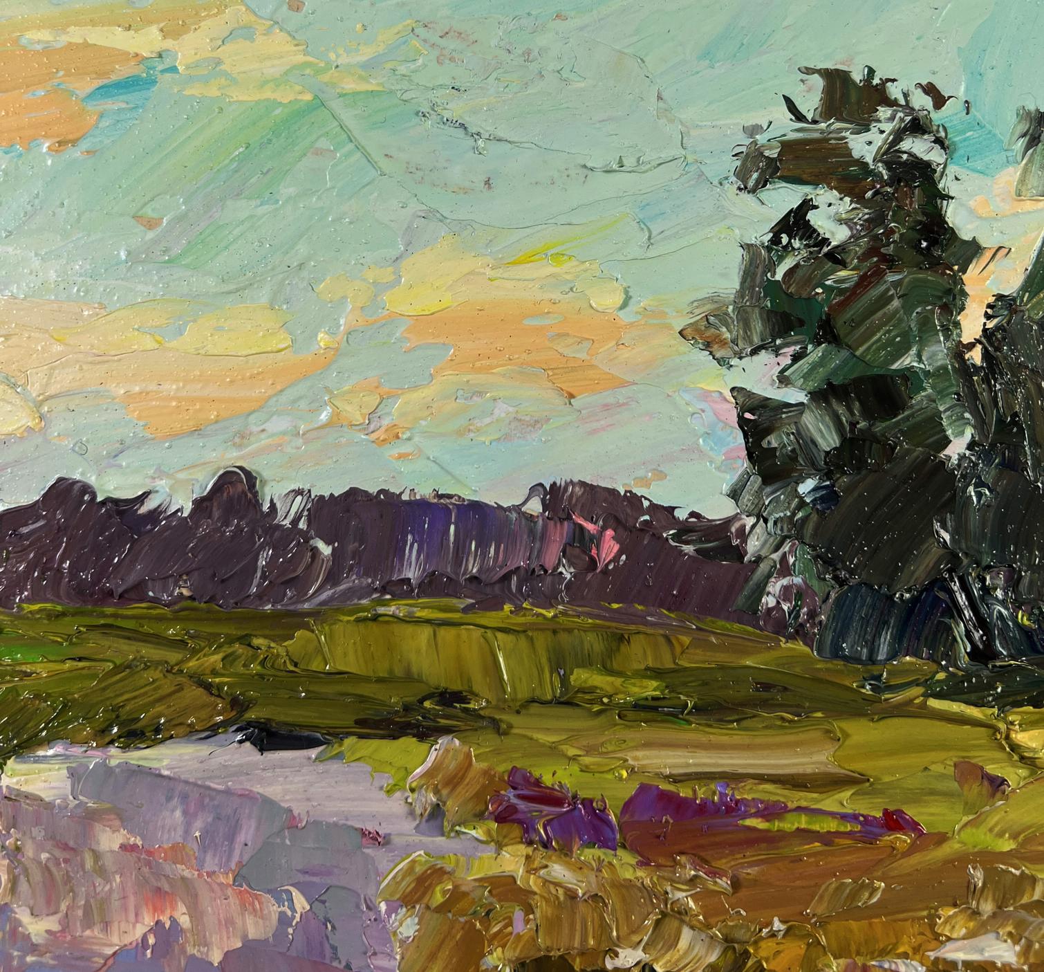 Impasto oil painting by Boris Serdyuk: teal skies over green hills