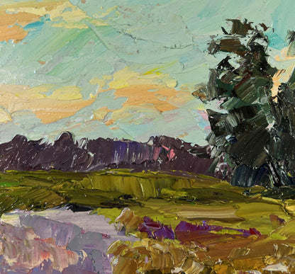 Impasto oil painting by Boris Serdyuk: teal skies over green hills