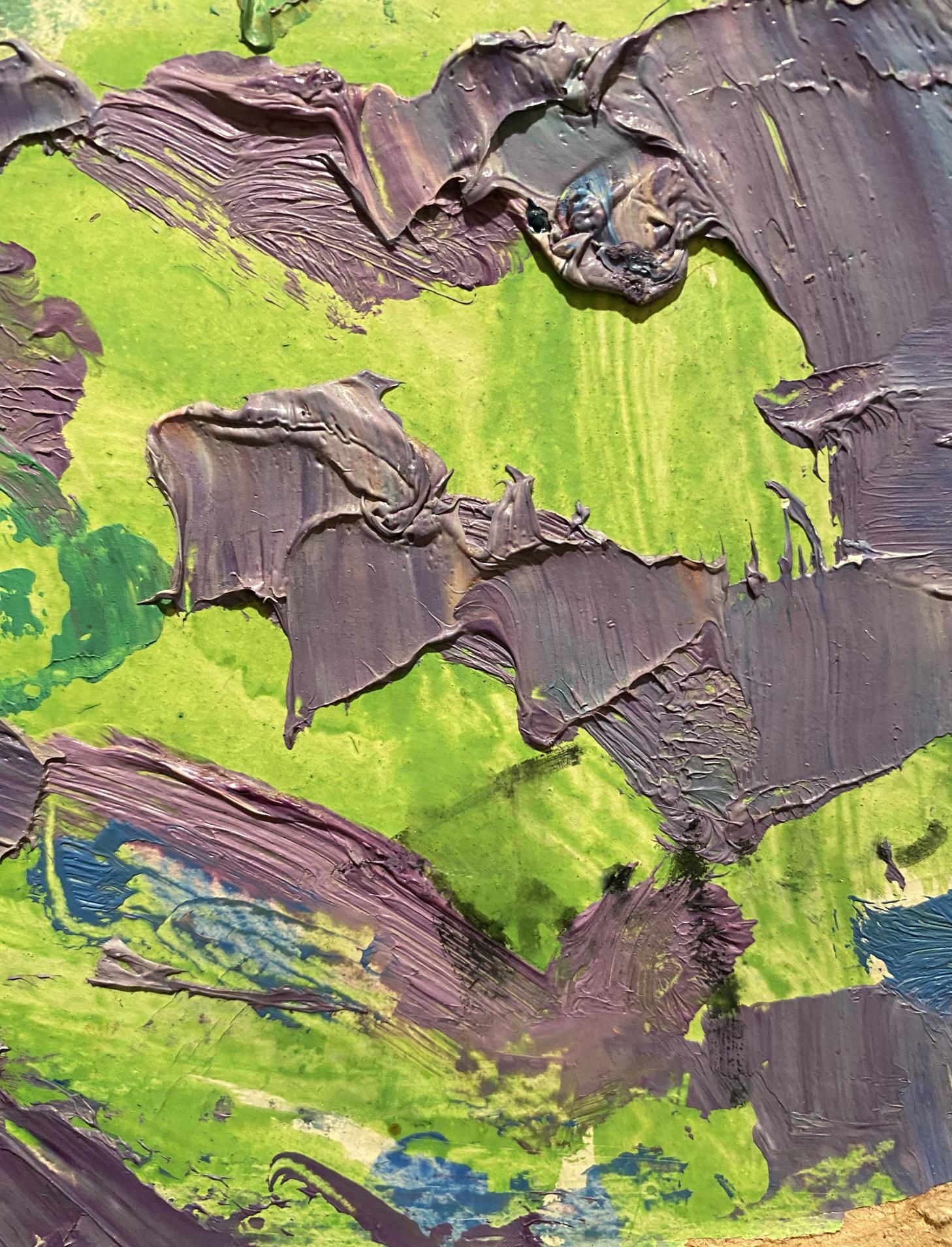 Oil painting In the Garden by Aleksandr Gluschenko, vibrant green purple impasto