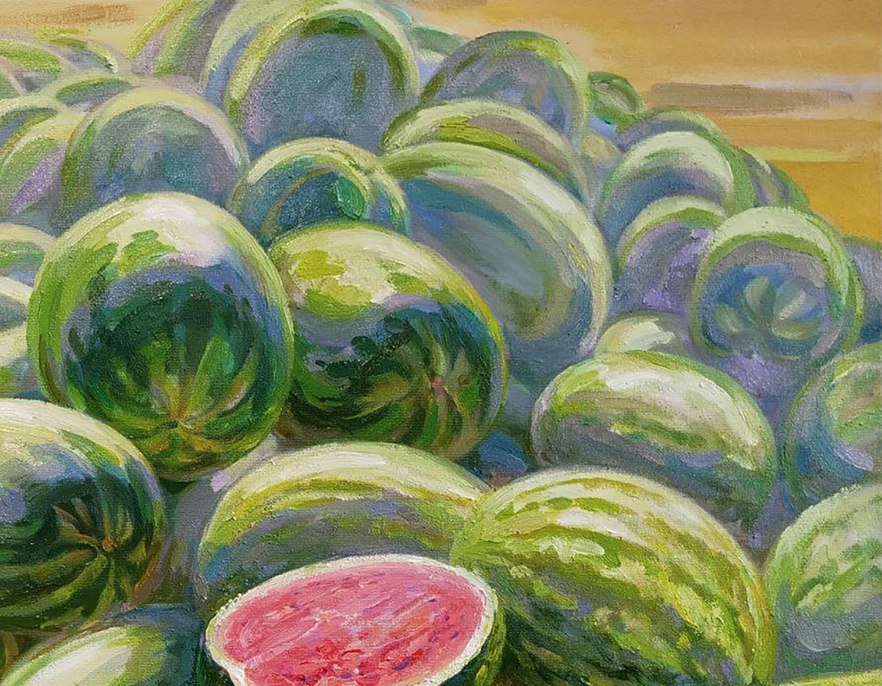 Oil painting Watermelon harvest by Leonid Pavlenko with sliced juicy pink interior