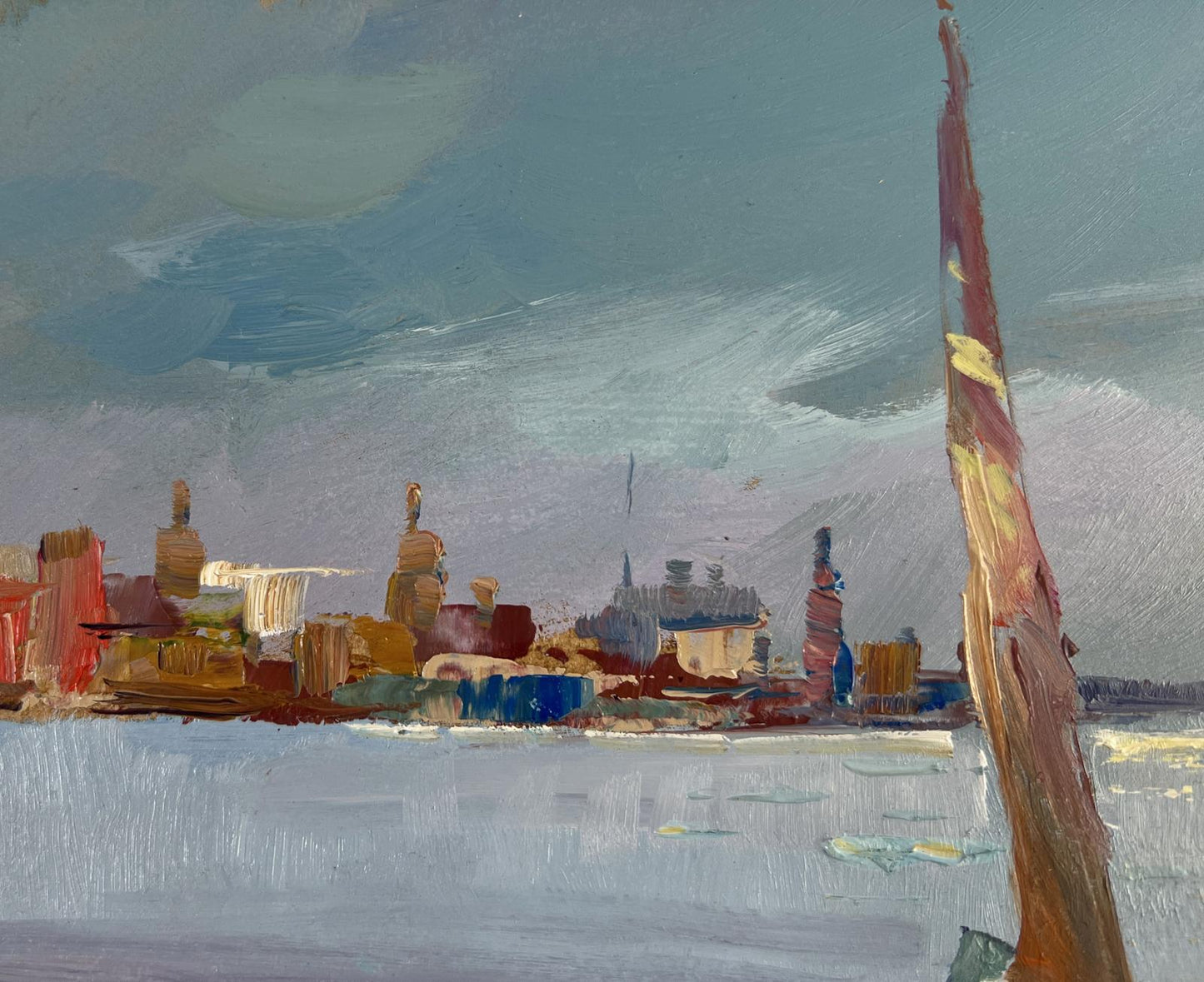 Oil painting Boats under the moon by Yuriy Suprunchuk with tall weathered pole
