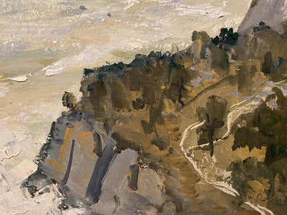 Oil painting Sea shore Petro Sulymenko: rugged coastal cliffside in earthy tones