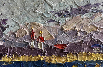 Oil painting of river and golden field by Boris Serdyuk with impasto strokes