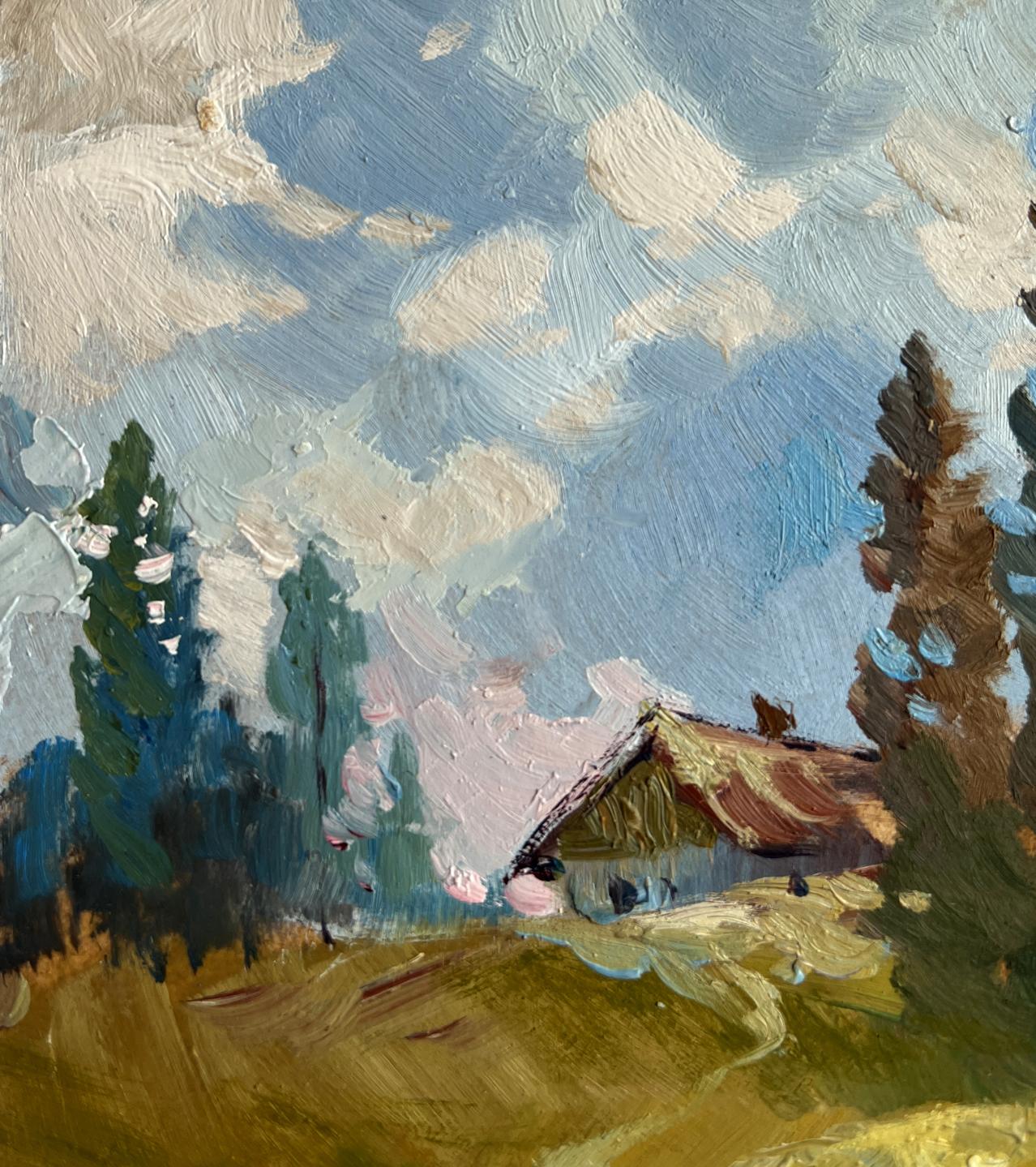 Rustic wooden cabin by lake in evergreens, oil painting by Yuriy Suprunchuk