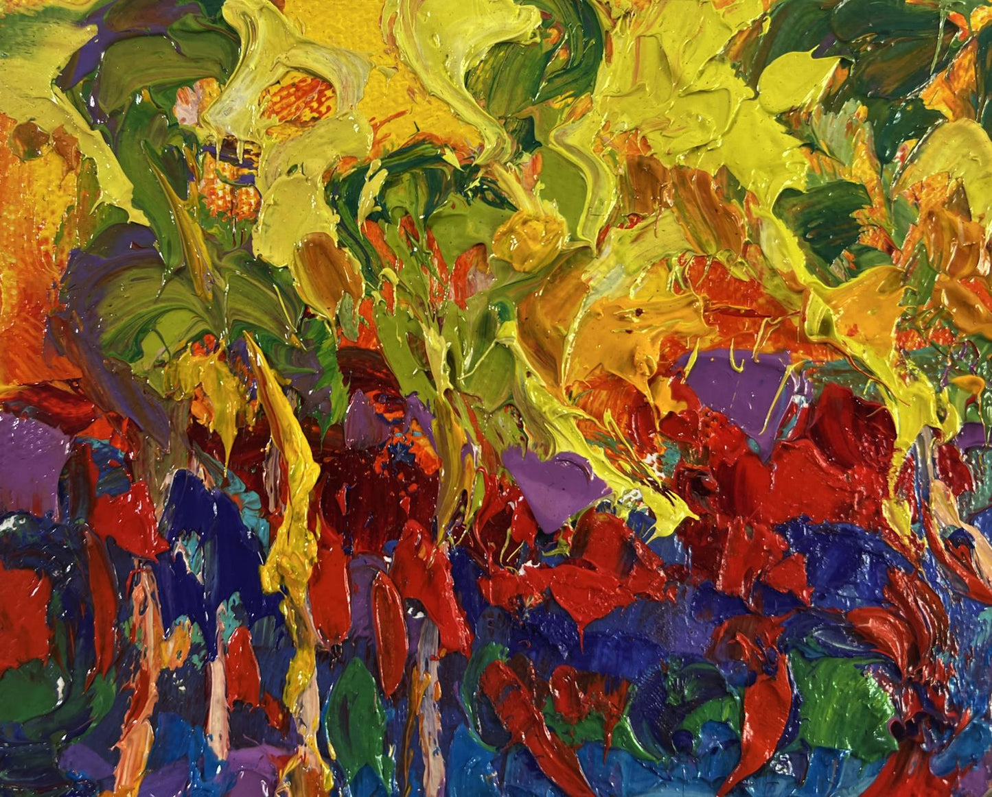 Vibrant Oleksiy Ivanyuk oil painting of burning trees in evening light