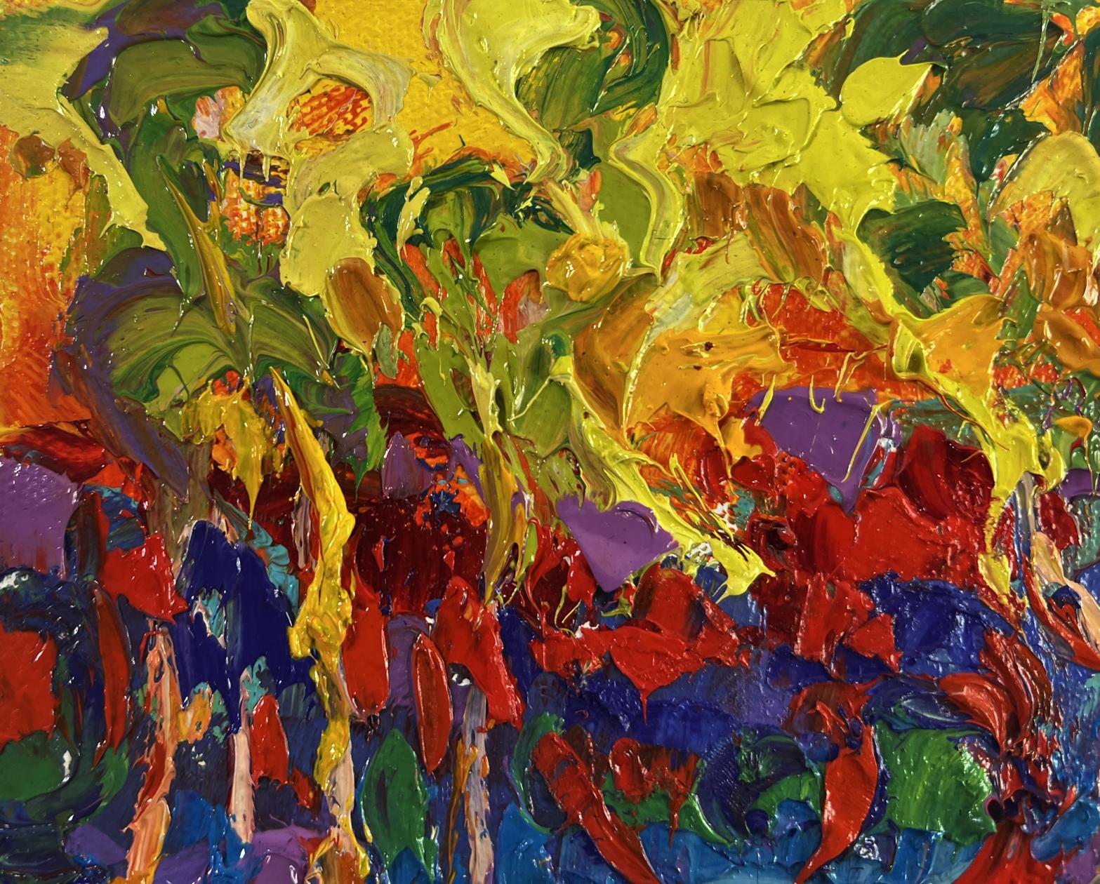 Vibrant Oleksiy Ivanyuk oil painting of burning trees in evening light
