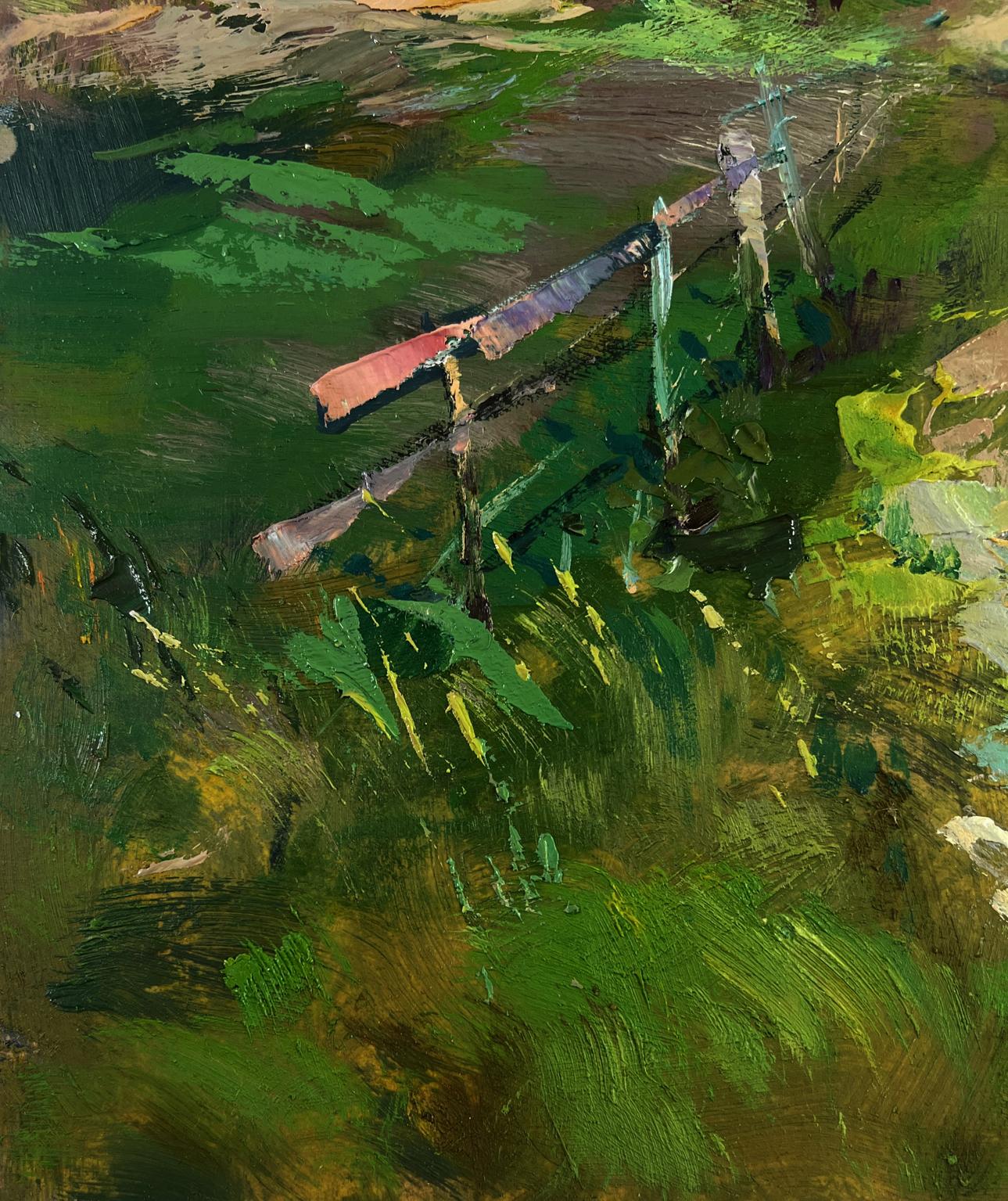 Weathered reddish-brown fence post in Yuriy Suprunchuk Summer Village Life oil painting