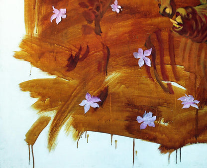 Oil painting Kiss Ed Potapenkov with orange brown strokes purple flowers