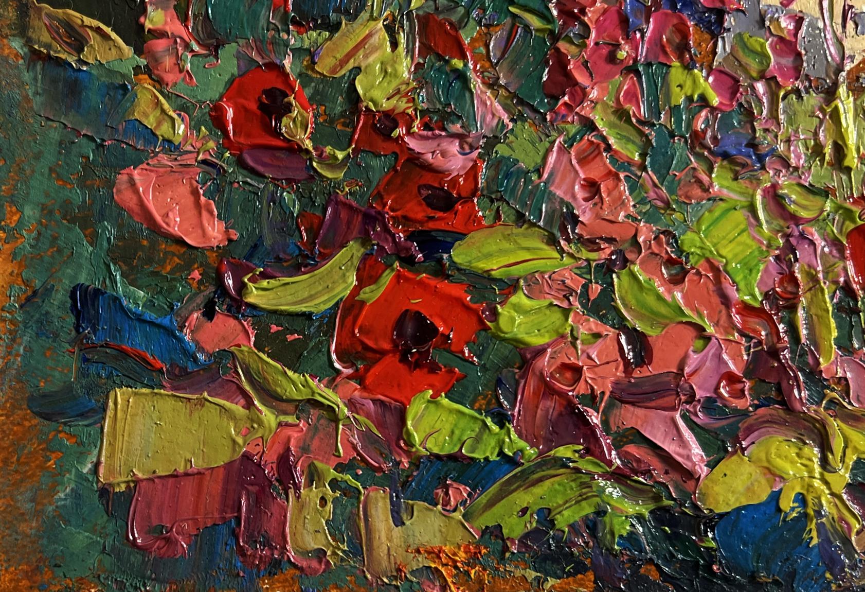Vibrant oil painting of blooming mallows in garden by Oksana Ivanyuk