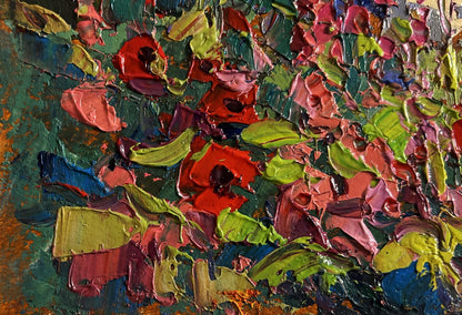 Vibrant oil painting of blooming mallows in garden by Oksana Ivanyuk