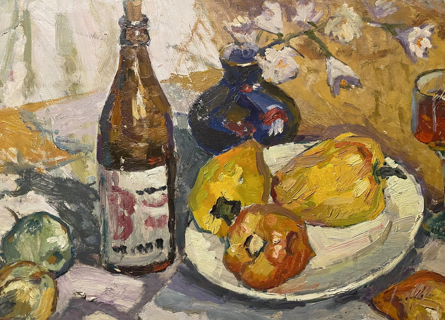 Oil painting Morning breakfast by Stanislav Petrashevsky: brown bottle with pears