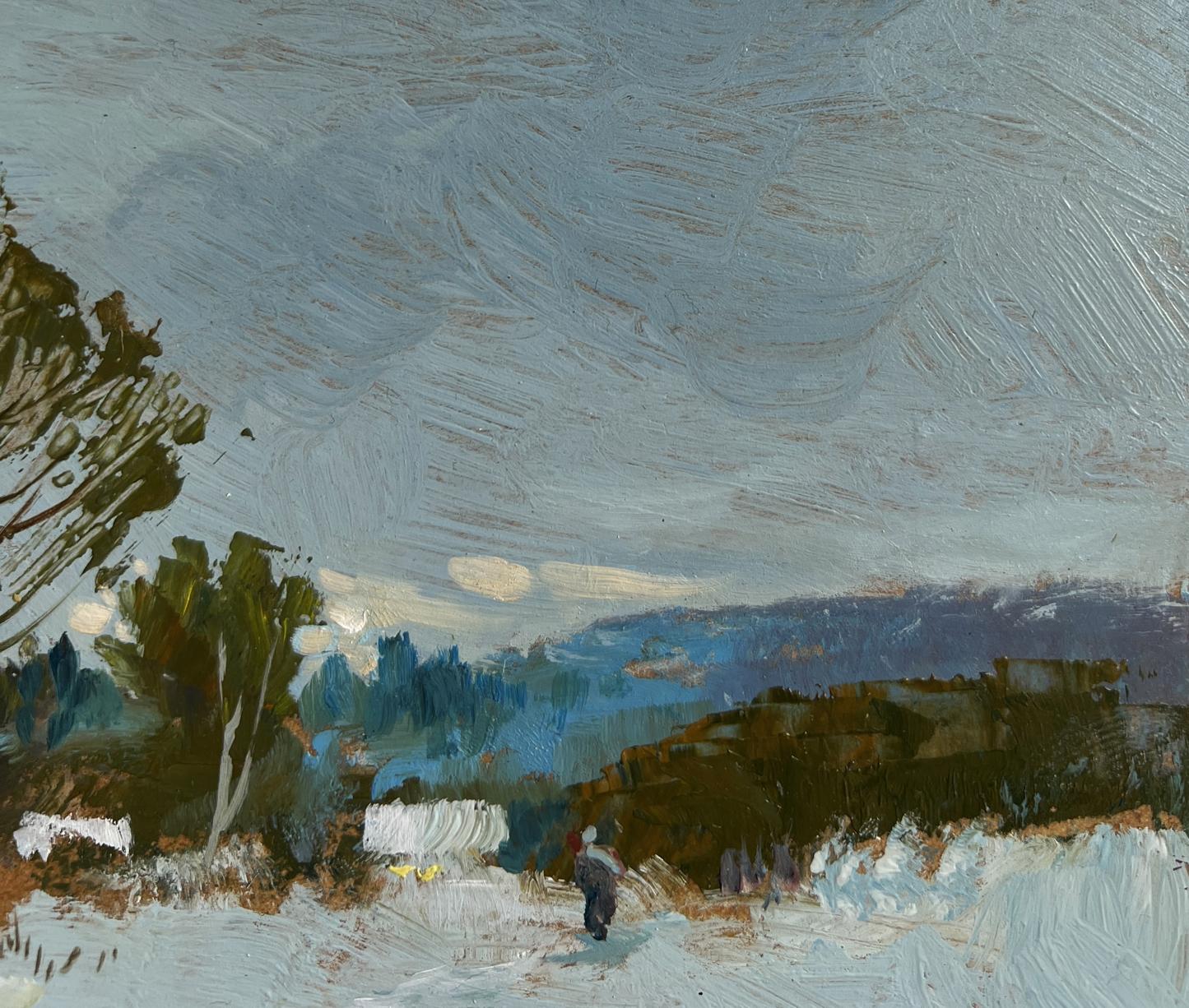Oil painting Winter twilight by Yuriy Suprunchuk: figure in snowy landscape