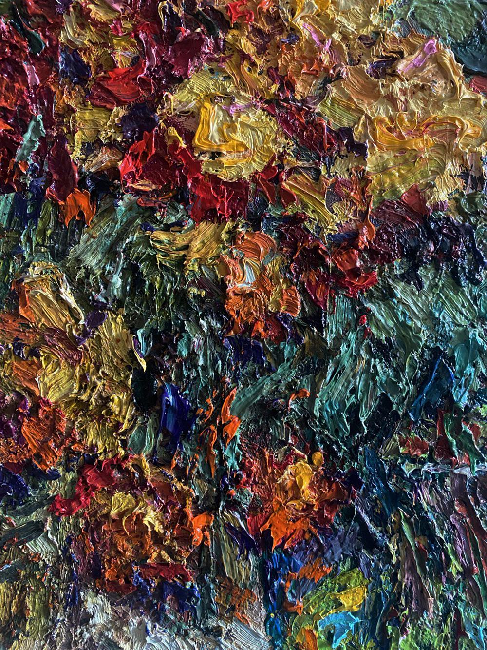 Vibrant oil painting Bright marigolds by Oksana Ivanyuk with impasto strokes