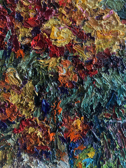 Vibrant oil painting Bright marigolds by Oksana Ivanyuk with impasto strokes