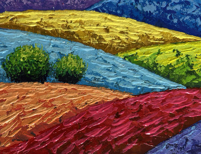 Vibrant oil painting of summer sunset over flowering slopes by V. Zadorozhnya