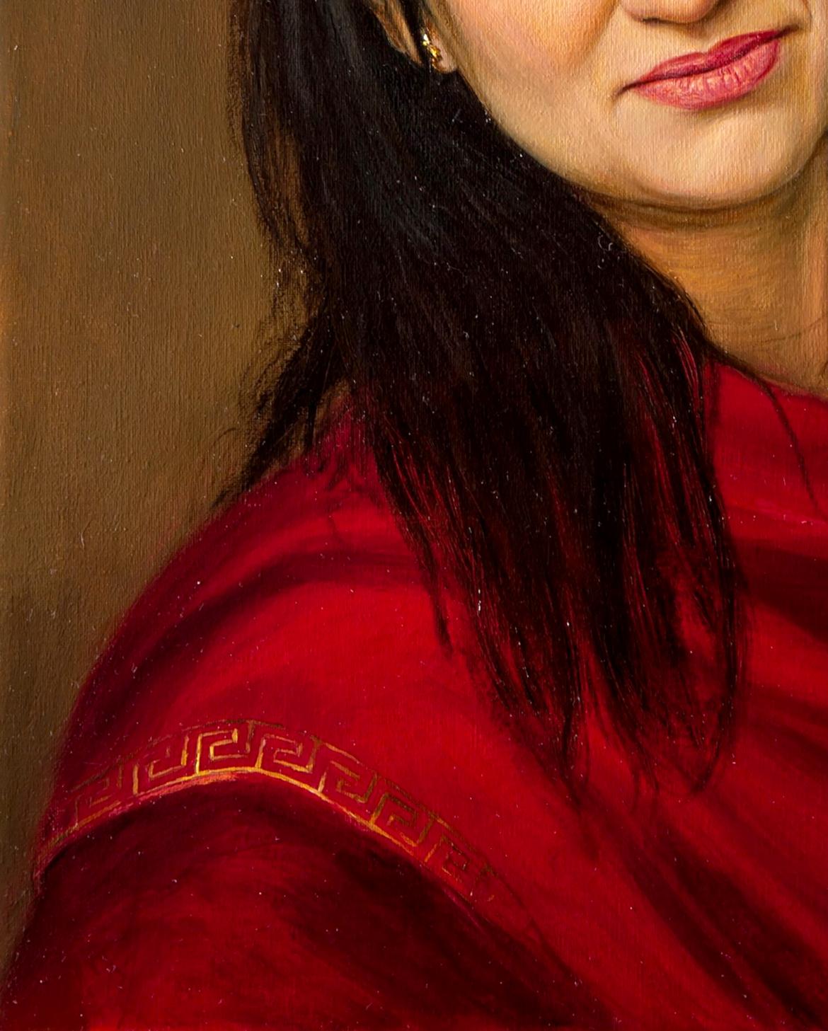 Oil painting Carol Valeriy Bulat: red velvet shawl with gold Greek key border