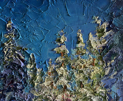 Oil painting Winter in the forest by Boris Serdyuk, textured blues and greens
