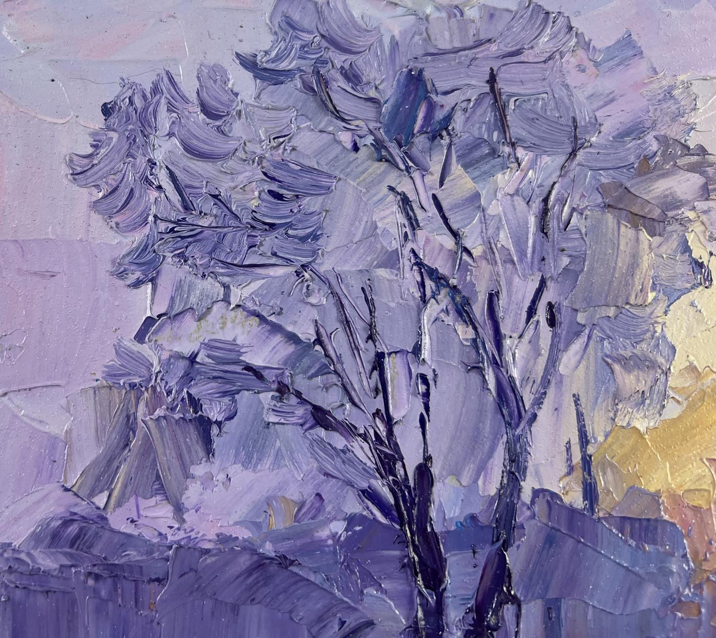 Oil painting Winter weaves snowy silence by Boris Serdyuk, textured purple tree