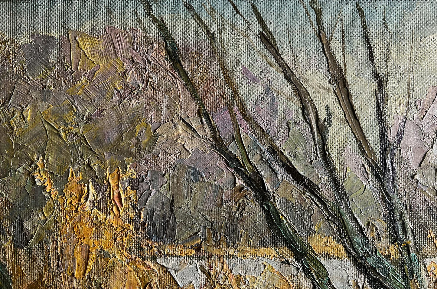 Oil painting The first snow fell by Boris Serdyuk, impasto earthy tones
