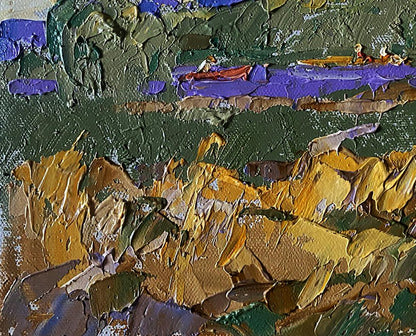 Oil painting Small river by Oleksiy Ivanyuk with textured green purple gold strokes and red boat