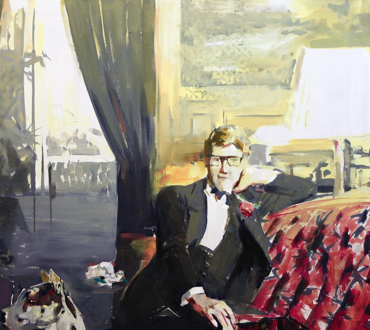 Oil painting by Loran Ed Potapenkov: man in tuxedo with rose boutonniere