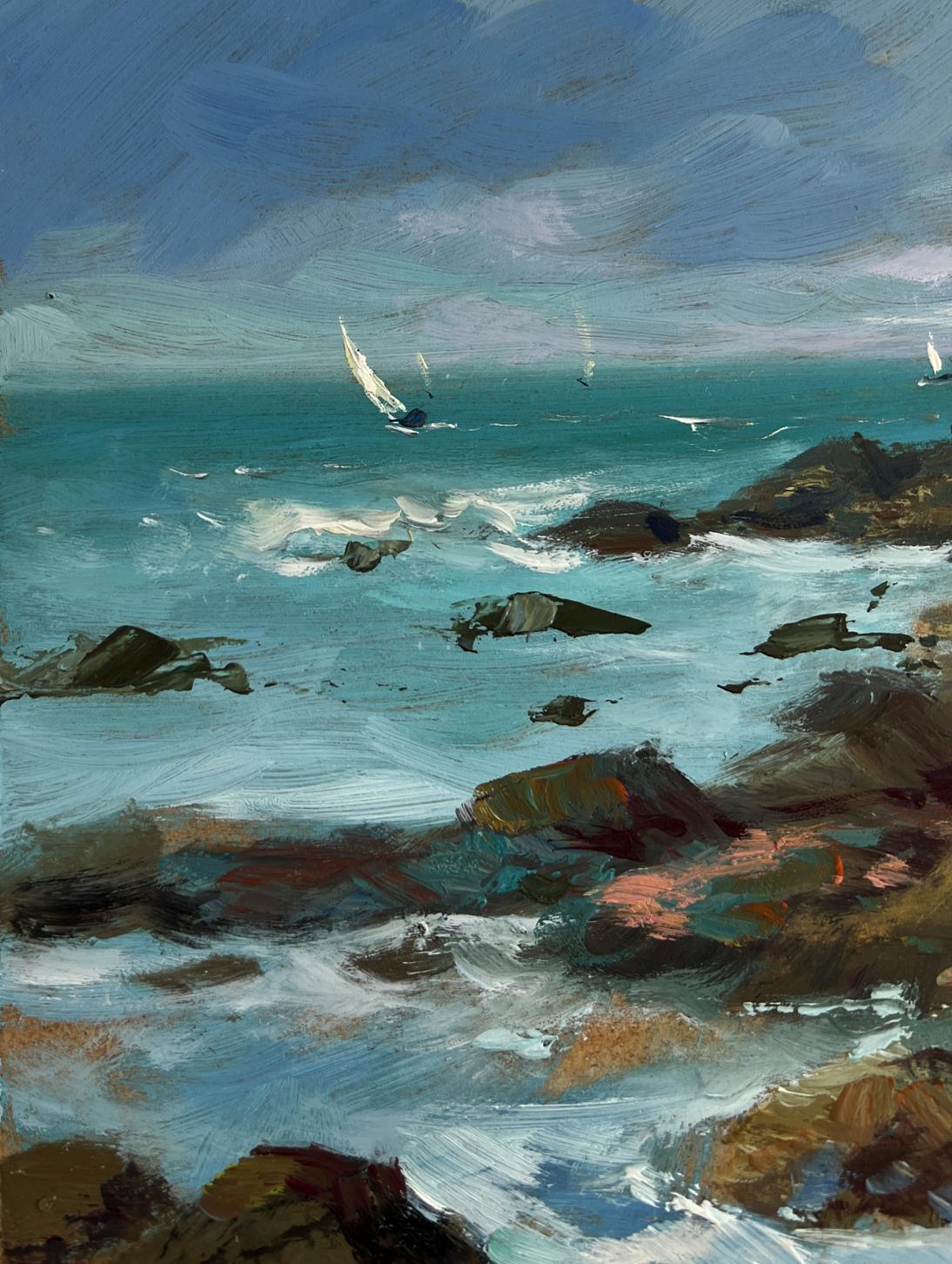Textured oil painting of sailboats in distant choppy turquoise sea by Yuriy Suprunchuk