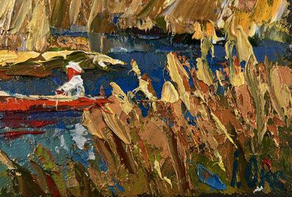Oil painting Silence of the Water by Oksana Ivanyuk: red boat on blue water amid foliage