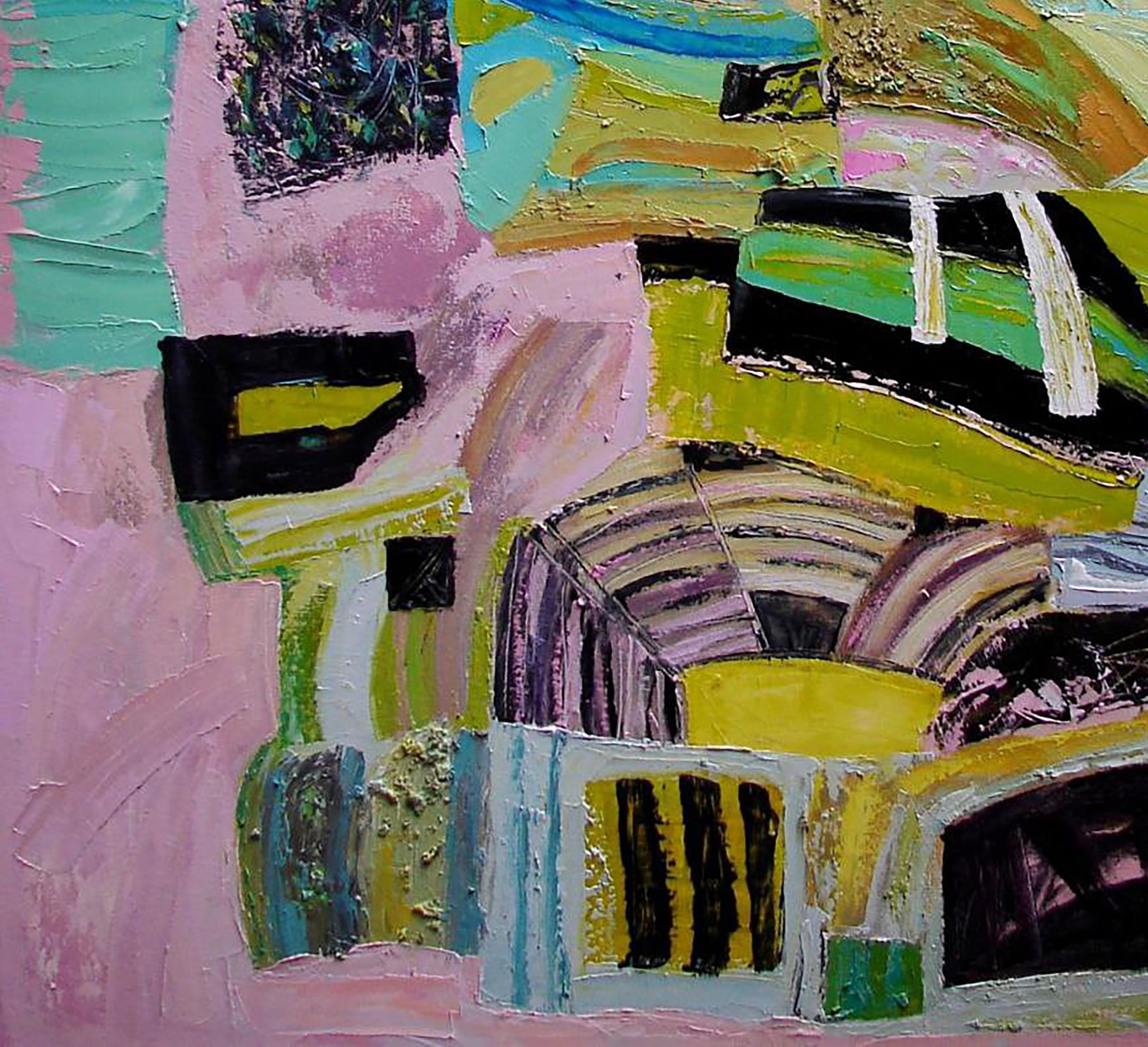 Oil painting Vanishing green by Tatyana Shulyak with vibrant pink green yellow black strokes