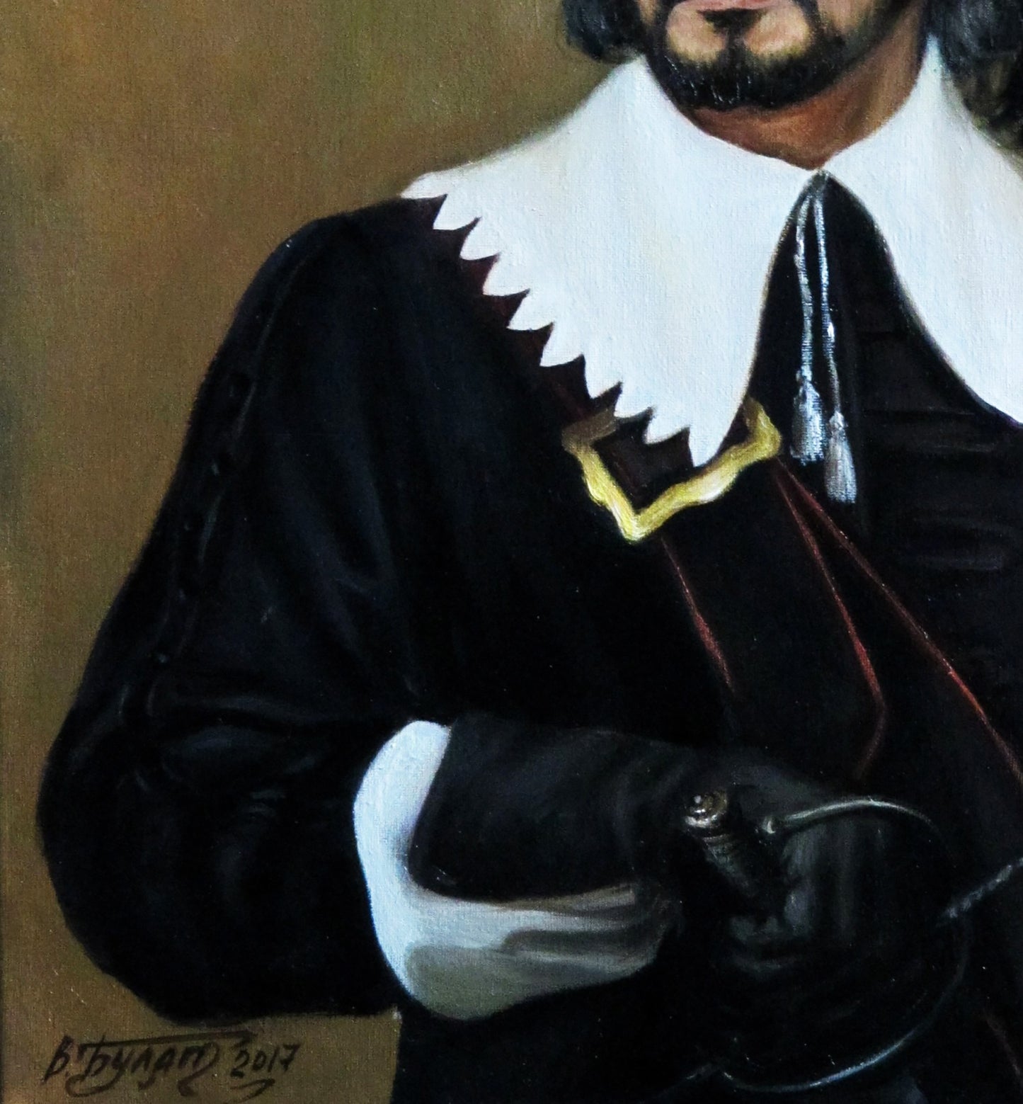 Oil painting Rochefort Valeriy Bulat: black velvet doublet with white scalloped collar, gold trim