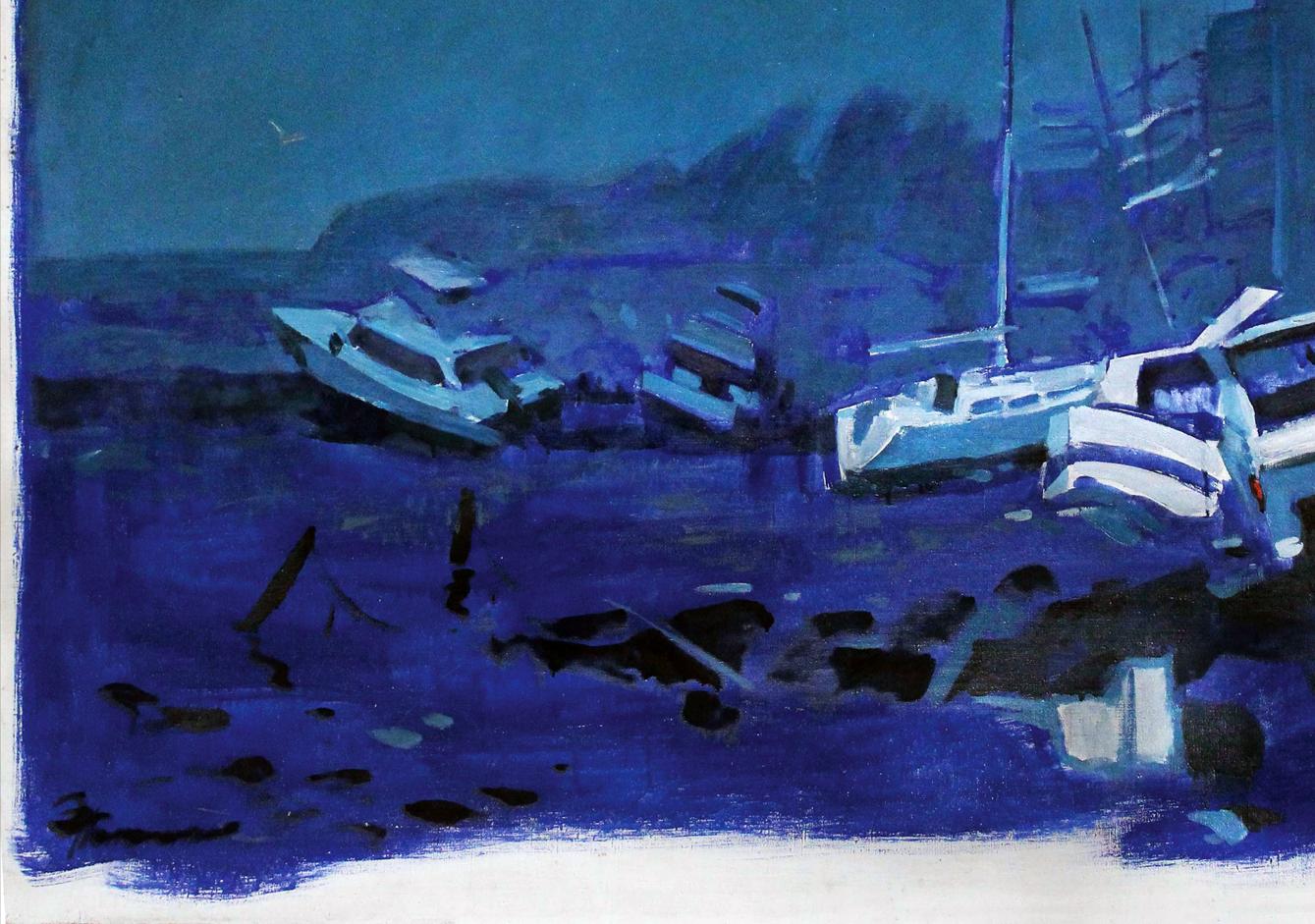 Oil painting ENDRY Ed Potapenkov: blue-toned abstract harbor boats